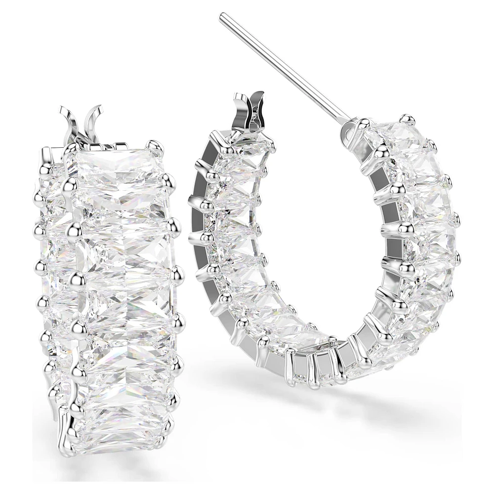 Matrix hoop earrings, Baguette cut, White, Rhodium plated by SWAROVSKI