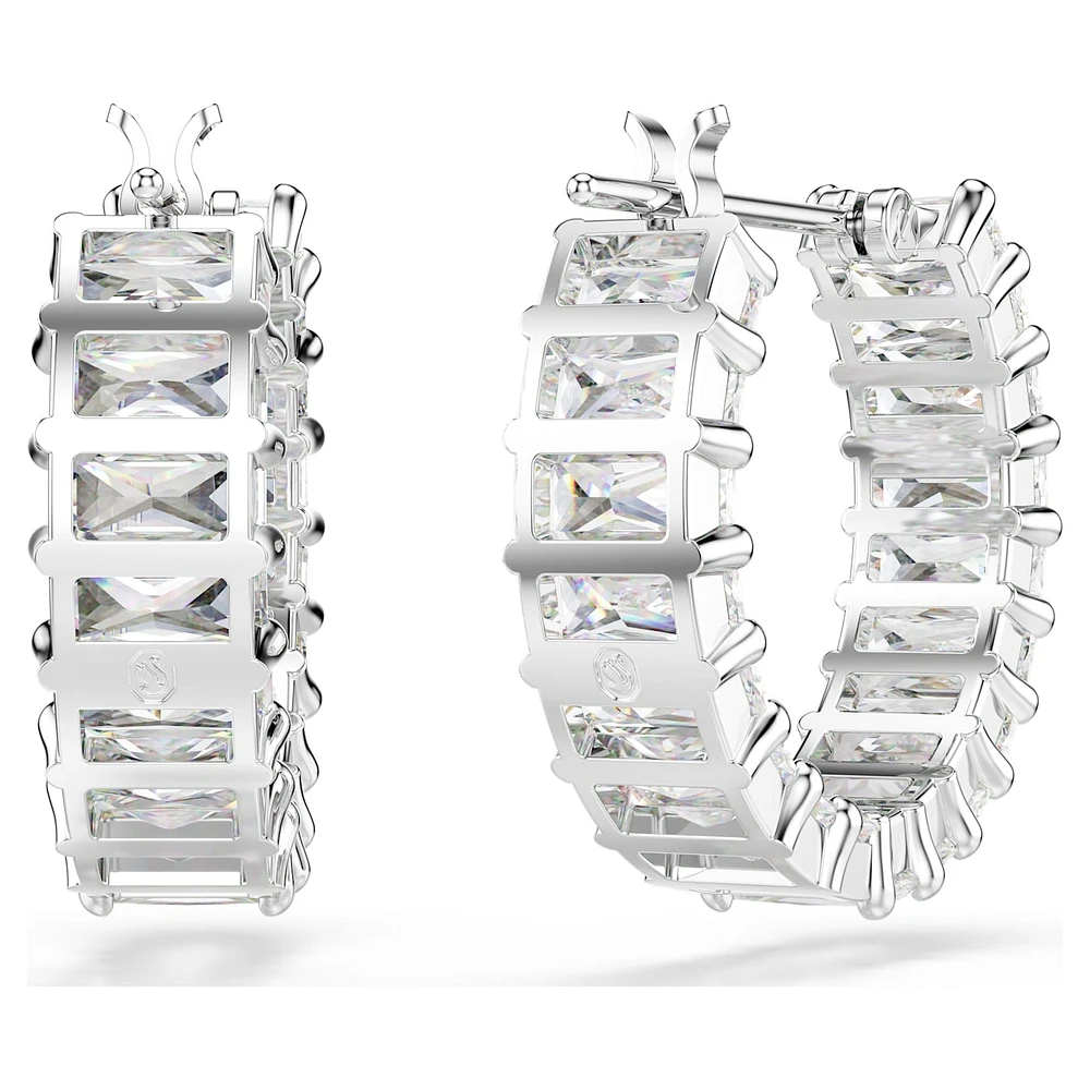 Matrix hoop earrings, Baguette cut, White, Rhodium plated by SWAROVSKI