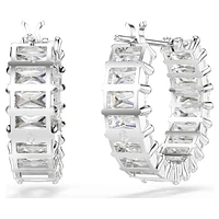 Matrix hoop earrings, Baguette cut, White, Rhodium plated by SWAROVSKI