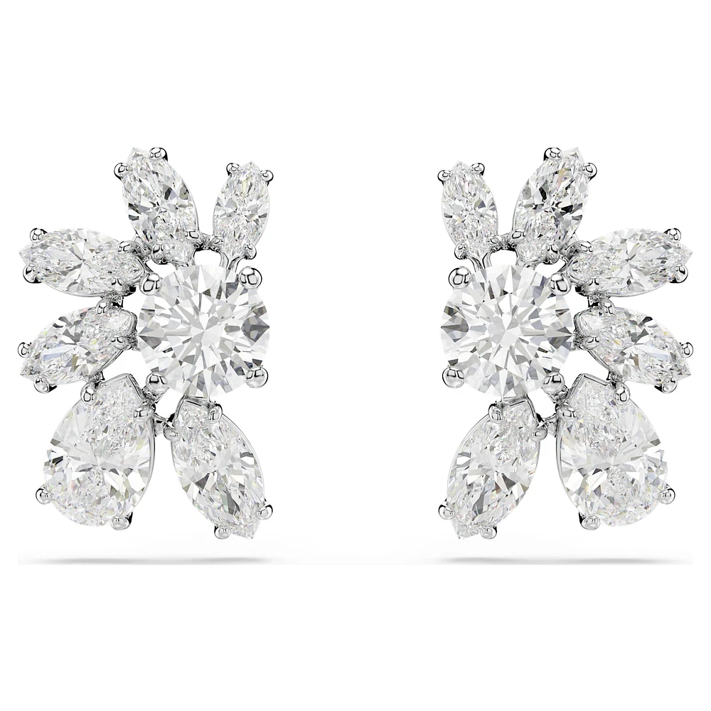 Mesmera stud earrings, Mixed cuts, Flower, White, Rhodium plated by SWAROVSKI