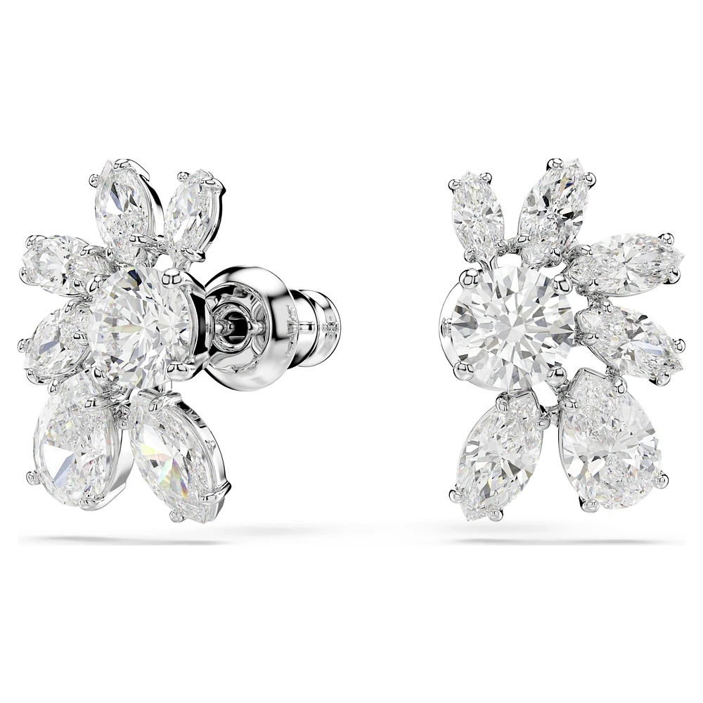 Mesmera stud earrings, Mixed cuts, Flower, White, Rhodium plated by SWAROVSKI