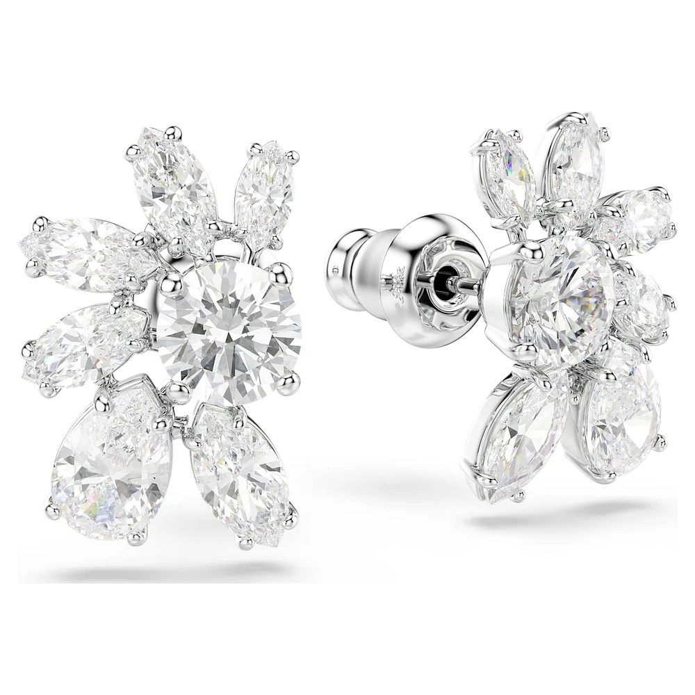 Mesmera stud earrings, Mixed cuts, Flower, White, Rhodium plated by SWAROVSKI