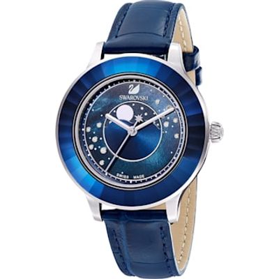 Swarovski Octea Lux watch, Moon, Leather strap, Blue, Stainless steel