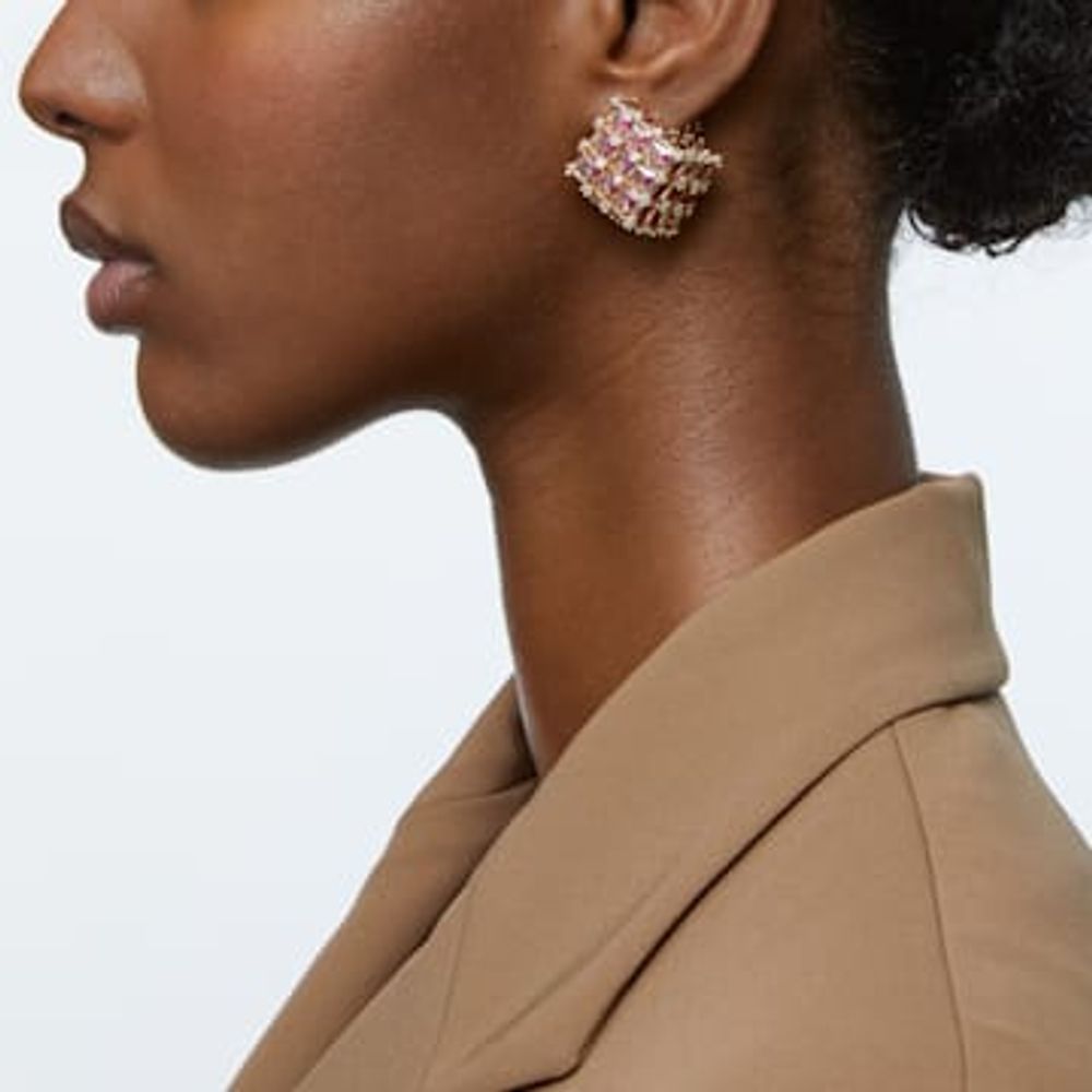 Swarovski Curiosa stud earring, Single, Square, Orange, Gold-tone plated