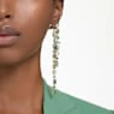 Gema drop earrings, Asymmetrical design, Mixed cuts, Extra long, Green, Gold-tone plated by SWAROVSKI