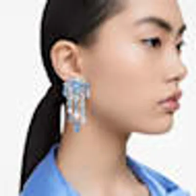 Gema clip earrings, Mixed cuts, Chandelier, Extra long, Blue, Rhodium plated by SWAROVSKI