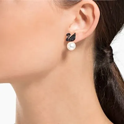 Swarovski Iconic Swan earring jackets, Swan, Black, Rose gold-tone plated by SWAROVSKI