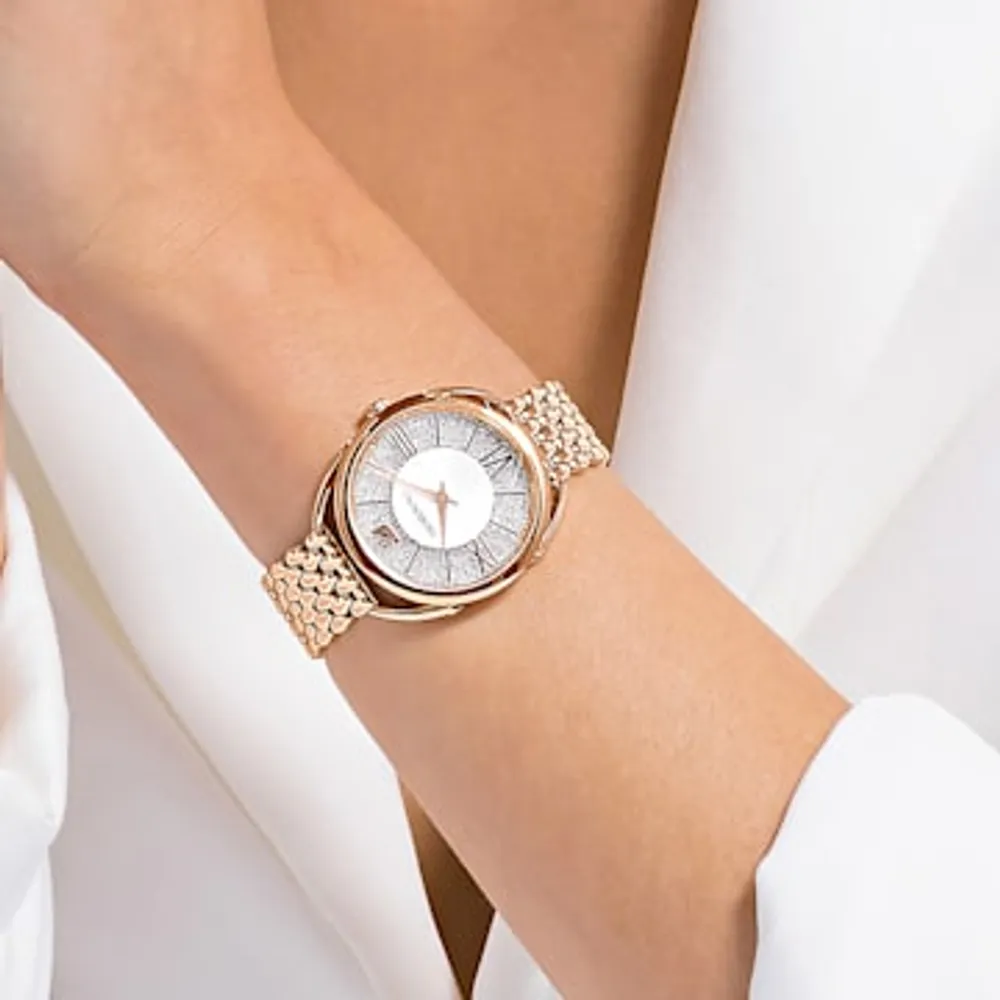 Crystal Flower watch, Swiss Made, Metal bracelet, Rose gold tone, Rose gold-tone  finish