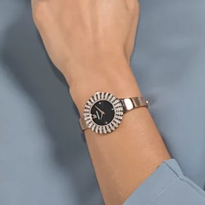 Crystal Rose watch, Swiss Made, Metal bracelet, Black, Rose gold-tone finish by SWAROVSKI