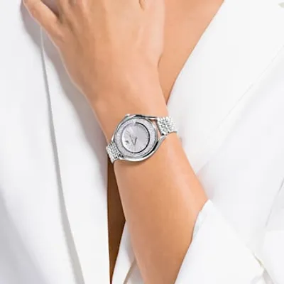 Crystalline Aura watch, Swiss Made, Metal bracelet, Silver tone, Stainless steel by SWAROVSKI
