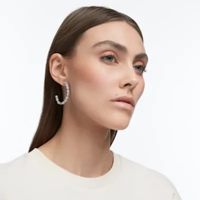 Tennis Deluxe hoop earrings, Mixed cuts, White, Rhodium plated by SWAROVSKI