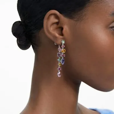 Gema drop earrings, Asymmetrical design, Mixed cuts, Long, Multicolored, Rhodium plated by SWAROVSKI