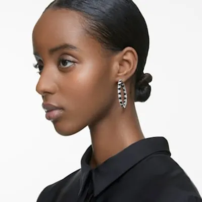 Ortyx hoop earrings, Triangle cut, Black, Rhodium plated by SWAROVSKI
