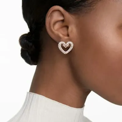 Una stud earrings, Pavé, Heart, Medium, White, Rose gold-tone plated by SWAROVSKI