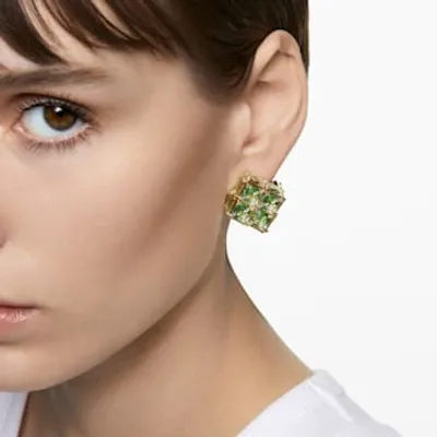 Curiosa stud earring, Single, Square cut, Green, Gold-tone plated by SWAROVSKI