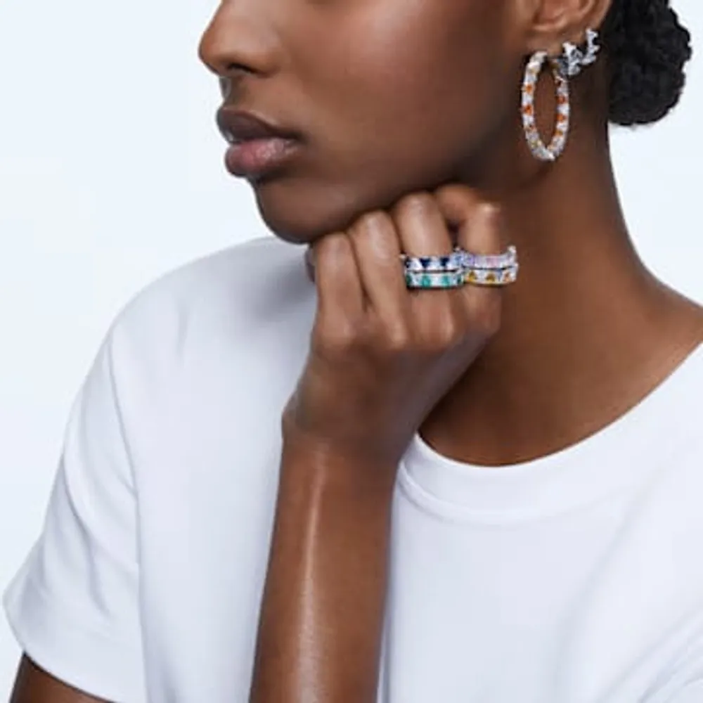 Ortyx hoop earrings, Triangle cut, Small, White, Rhodium plated by SWAROVSKI