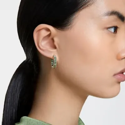 Matrix hoop earrings, Baguette cut, Green, Gold-tone plated by SWAROVSKI