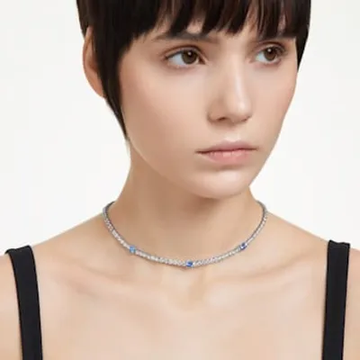 Matrix Tennis necklace, Mixed cuts, Blue, Rhodium plated by SWAROVSKI