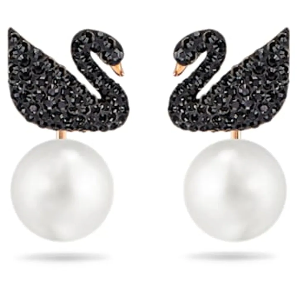 Swarovski Iconic Swan earring jackets, Swan, Black, Rose gold-tone plated by SWAROVSKI
