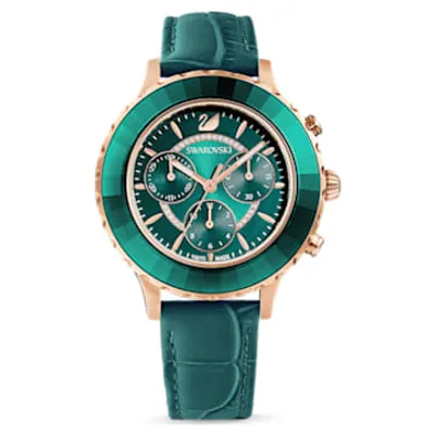 Octea Lux Chrono watch, Swiss Made, Leather strap, Green, Rose gold-tone finish by SWAROVSKI