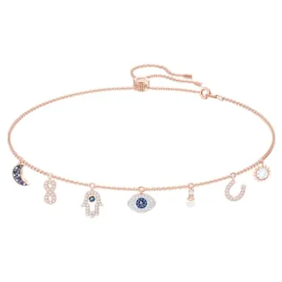 Swarovski Symbolic necklace, Moon, infinity, hand, evil eye and horseshoe, Blue, Rose gold-tone plated by SWAROVSKI