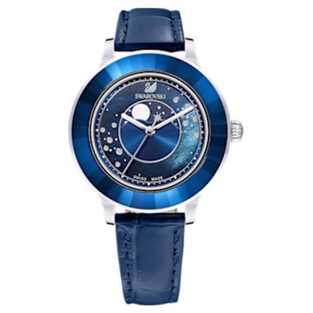 Octea Lux watch, Swiss Made, Moon, Leather strap, Blue, Stainless steel by SWAROVSKI