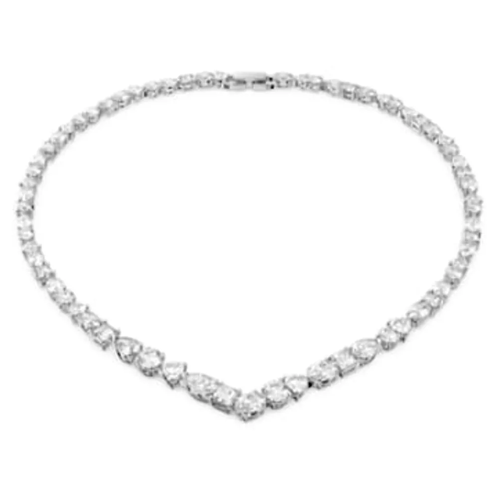 Tennis Deluxe V necklace, Mixed cuts, White, Rhodium plated by SWAROVSKI