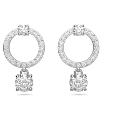 Attract hoop earrings, Round cut, White, Rhodium plated by SWAROVSKI