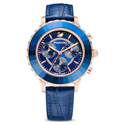 Octea Lux Chrono watch, Swiss Made, Leather strap, Blue, Rose gold-tone finish by SWAROVSKI