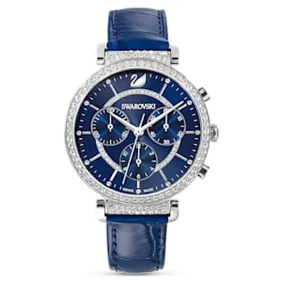 Passage Chrono watch, Swiss Made, Leather strap, Blue, Stainless steel by SWAROVSKI