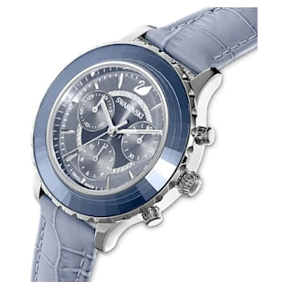 Octea Lux Chrono watch, Swiss Made, Leather strap, Blue, Stainless steel by SWAROVSKI