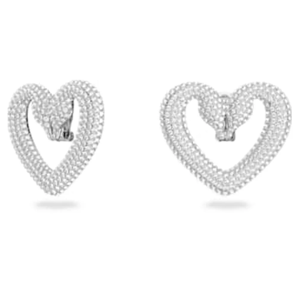 Una clip earrings, Heart, Large, White, Rhodium plated by SWAROVSKI