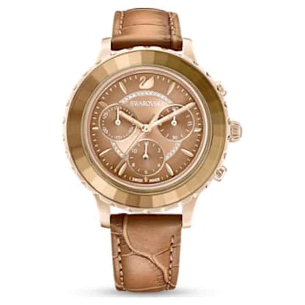 Passage Chrono watch, Swiss Made, Leather strap, Pink, Rose gold-tone  finish