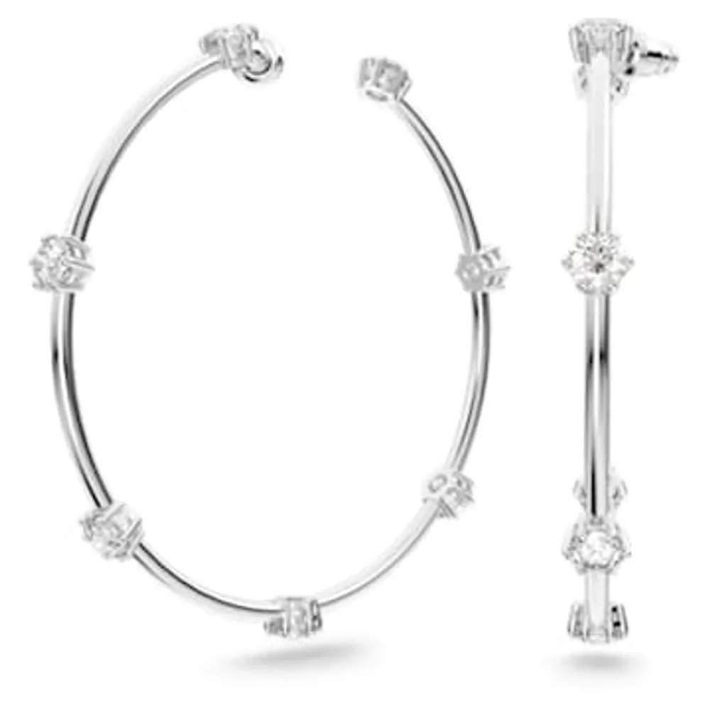 Constella hoop earrings, Round cut, Small, White, Rhodium plated by SWAROVSKI