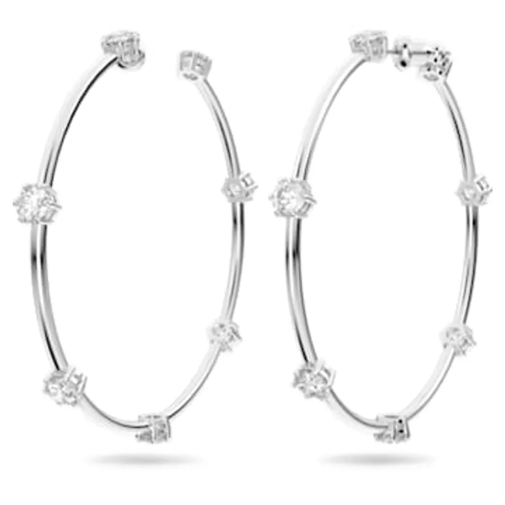 Constella hoop earrings, Round cut, Small, White, Rhodium plated by SWAROVSKI