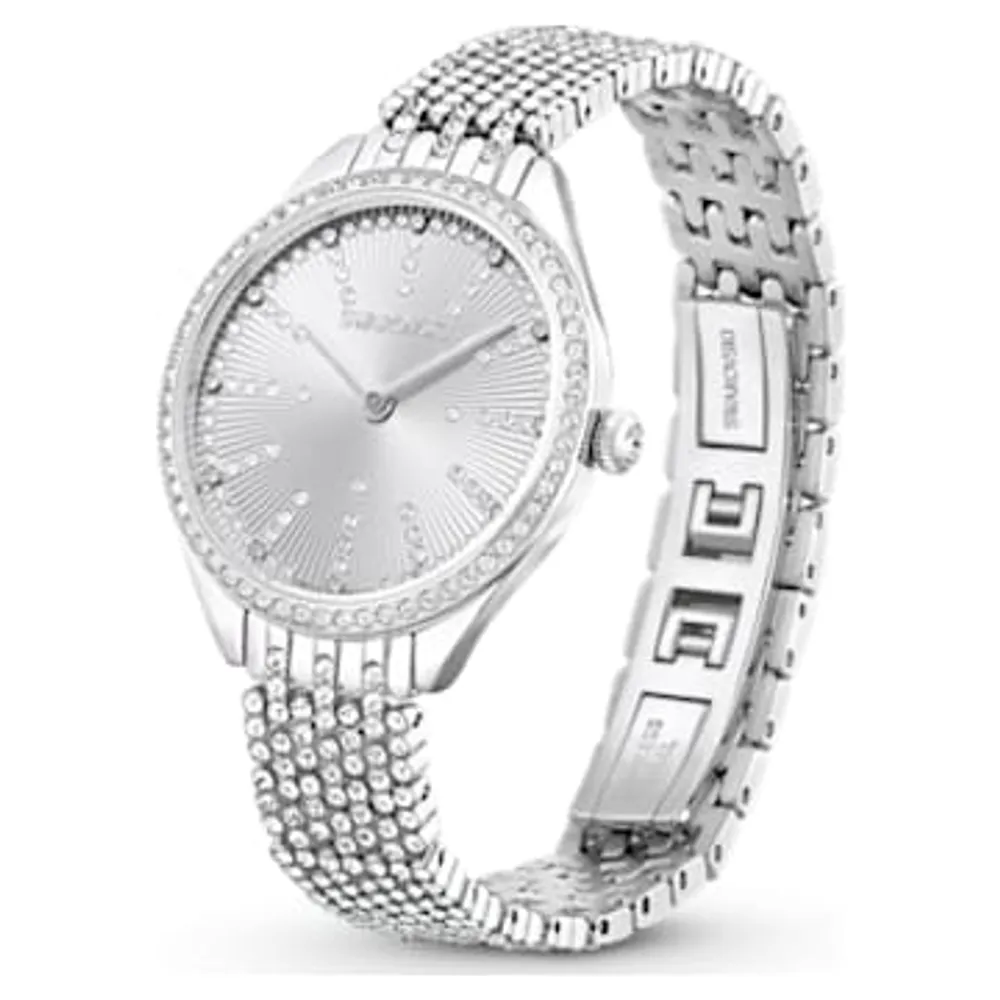 Attract watch, Swiss Made, Full pavé, Metal bracelet, Silver tone, Stainless steel by SWAROVSKI