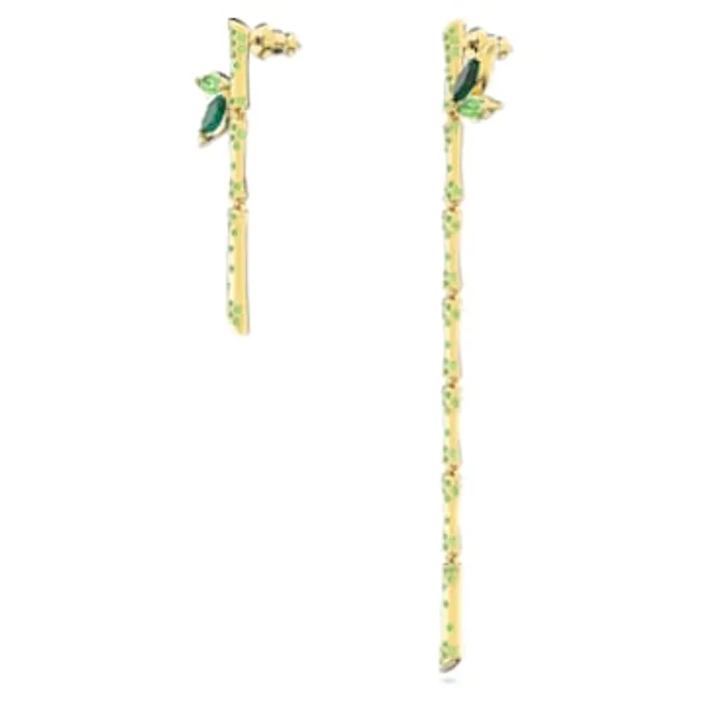 Dellium drop earrings, Asymmetrical design, Bamboo, Green, Gold-tone plated by SWAROVSKI