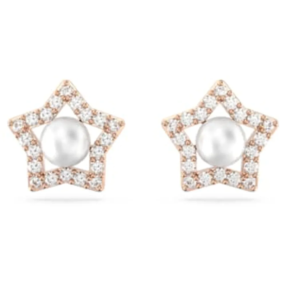 Stella stud earrings, Round cut, Star, White, Rose gold-tone plated by SWAROVSKI