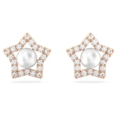 Stella stud earrings, Round cut, Star, White, Rose gold-tone plated by SWAROVSKI