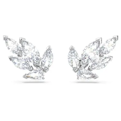 Louison stud earrings, Leaf, White, Rhodium plated by SWAROVSKI