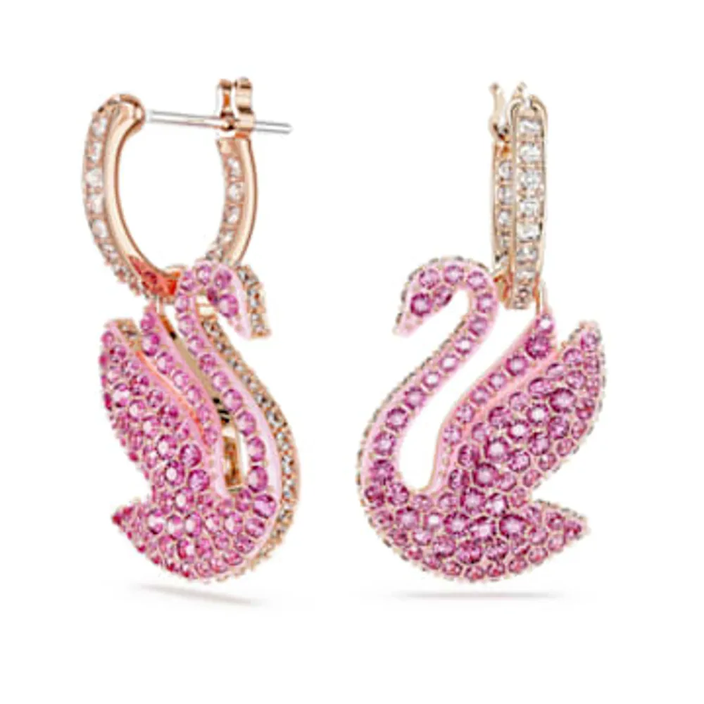 Swarovski Iconic Swan drop earrings, Swan, Pink, Rose gold-tone plated by SWAROVSKI