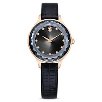 Octea Nova watch, Swiss Made, Leather strap, Black, Rose gold-tone finish by SWAROVSKI