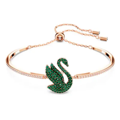 Swarovski Iconic Swan bangle, Swan, Green, Rose gold-tone plated by SWAROVSKI