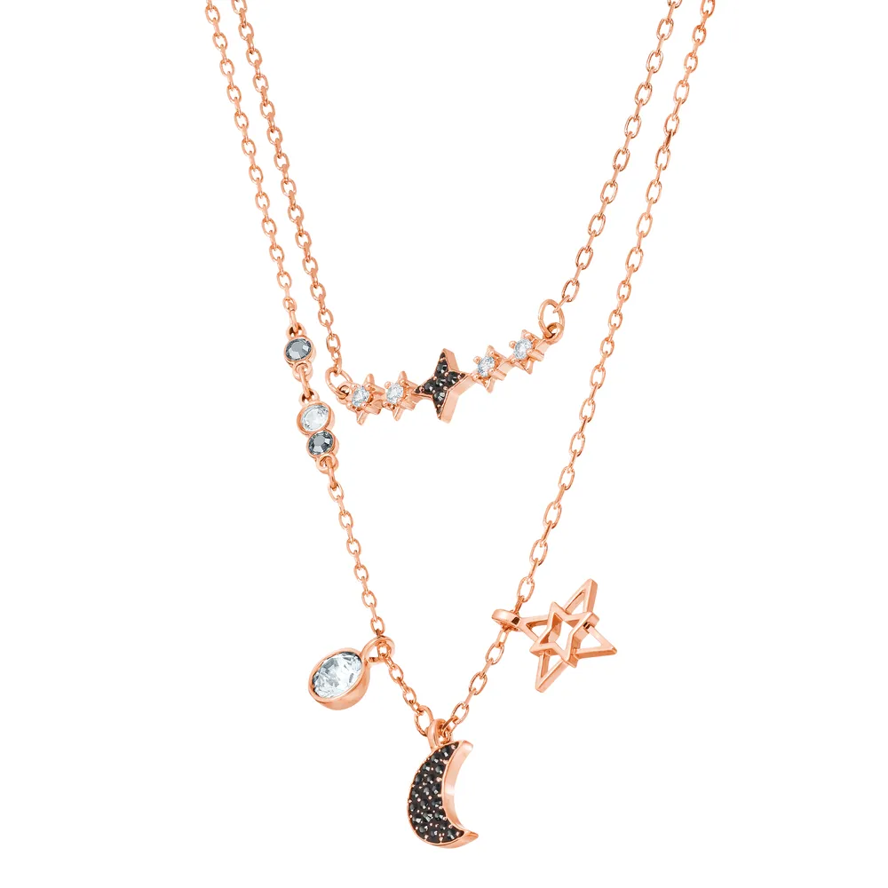 Swarovski Symbolic necklace, Set (2), Moon and star, Black, Rose gold-tone plated by SWAROVSKI