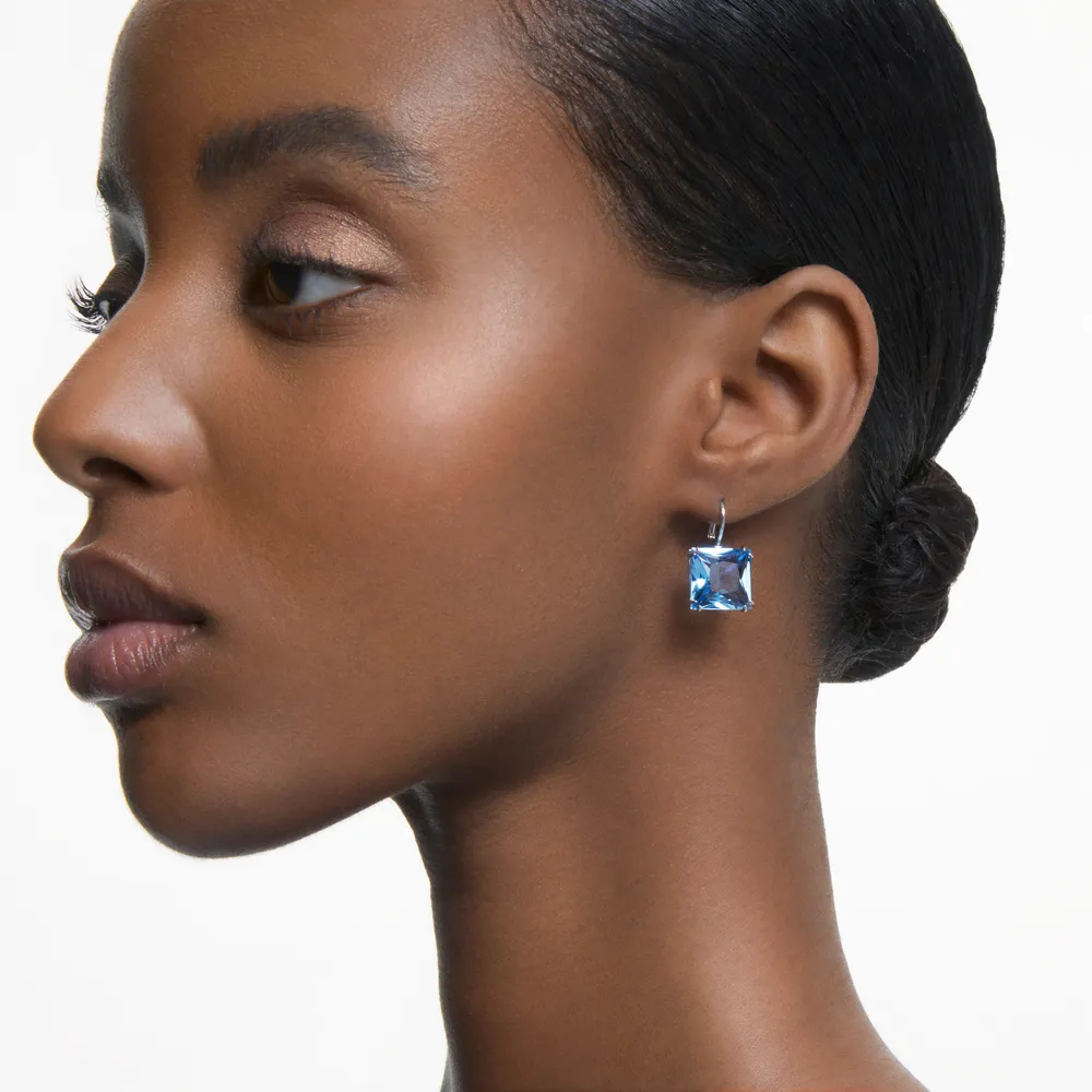 Millenia drop earrings, Square cut, Blue, Rhodium plated by SWAROVSKI