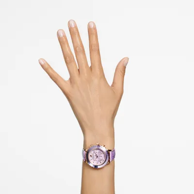 Octea Lux Chrono watch, Swiss Made, Leather strap, Purple, Rose gold-tone finish by SWAROVSKI