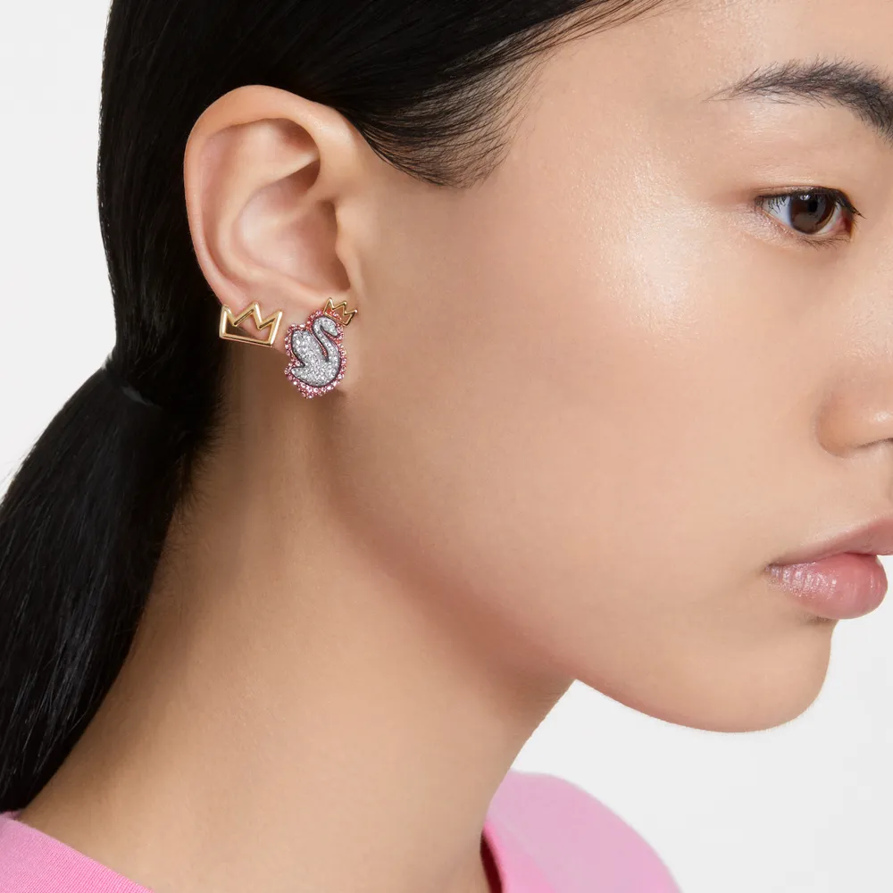 Pop Swan stud earrings, Set (3), Swan, Pink, Gold-tone plated by SWAROVSKI
