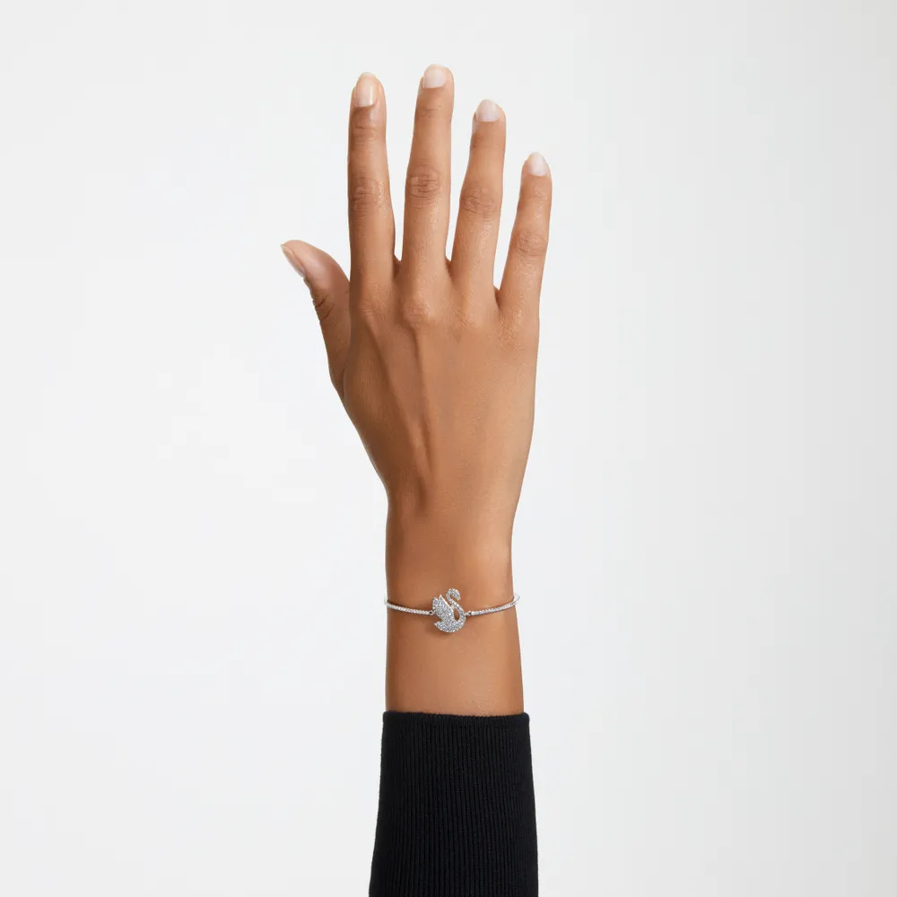 Swarovski Iconic Swan bangle, Swan, White, Rhodium plated by SWAROVSKI