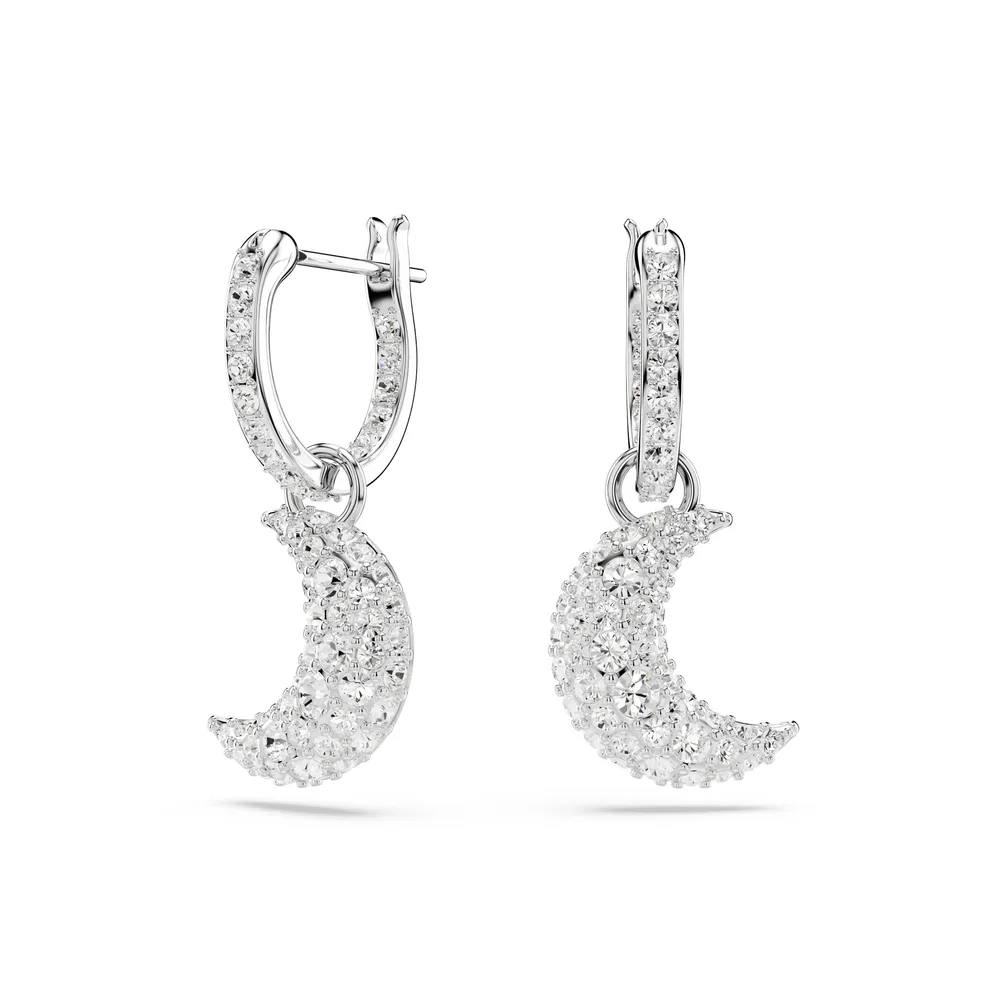 Luna drop earrings, Moon, White, Rhodium plated by SWAROVSKI