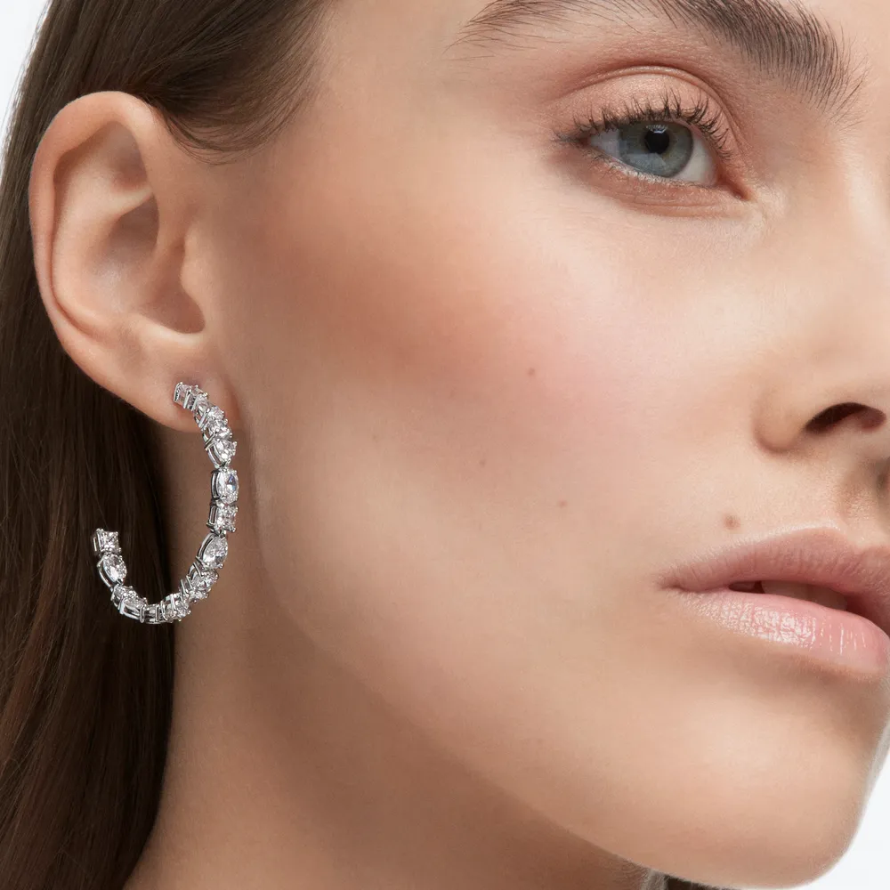 Mesmera hoop earrings, Mixed cuts, White, Rhodium plated by SWAROVSKI